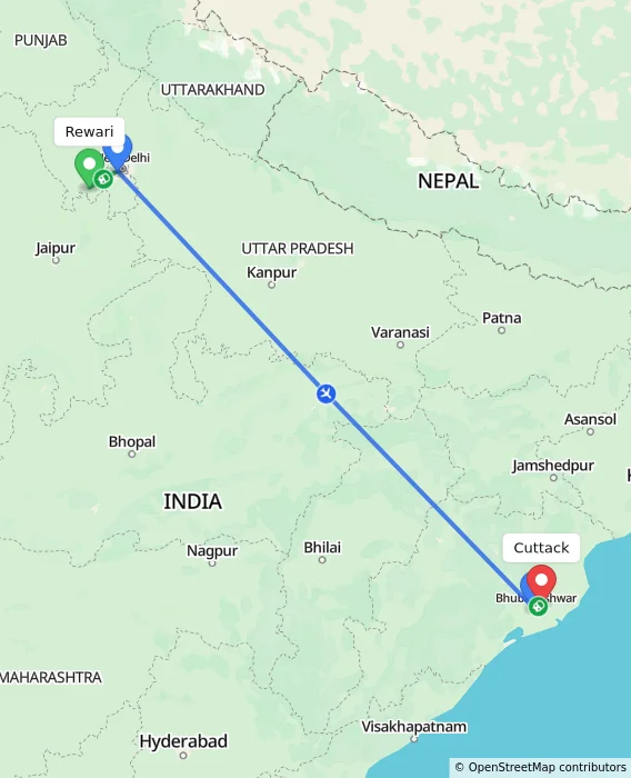 Route map showing distance and travel time from Rewari, India to Cuttack, India