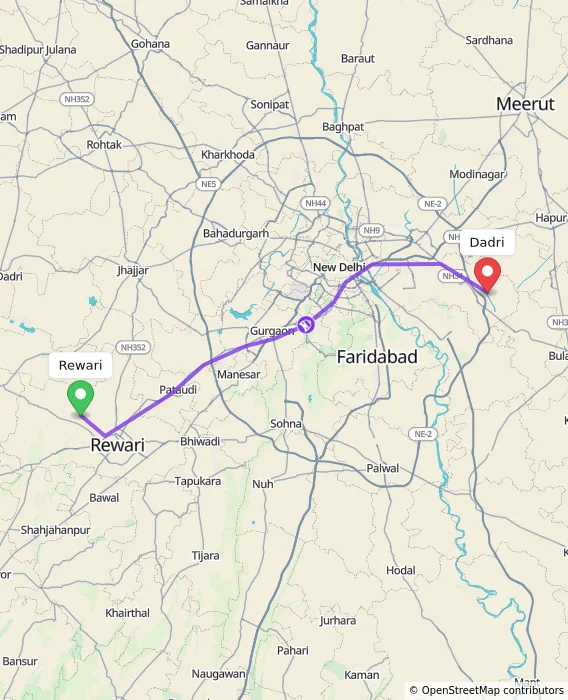 Route map showing distance and travel time from Rewari, India to Dadri, India