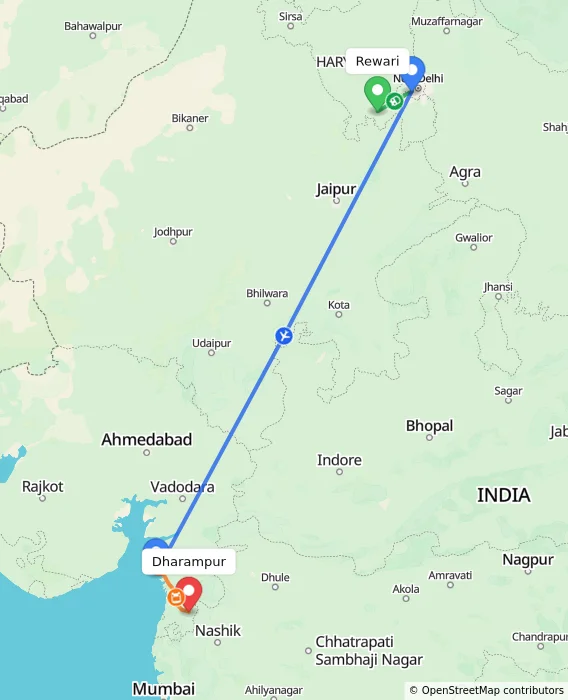 Route map showing distance and travel time from Rewari, India to Dharampur, India
