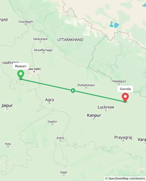 Route map showing distance and travel time from Rewari, India to Gonda, India