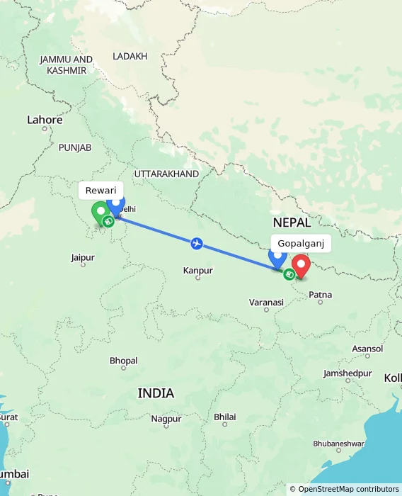 Route map showing distance and travel time from Rewari, India to Gopalganj, India
