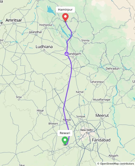 Route map showing distance and travel time from Rewari, India to Hamirpur, India