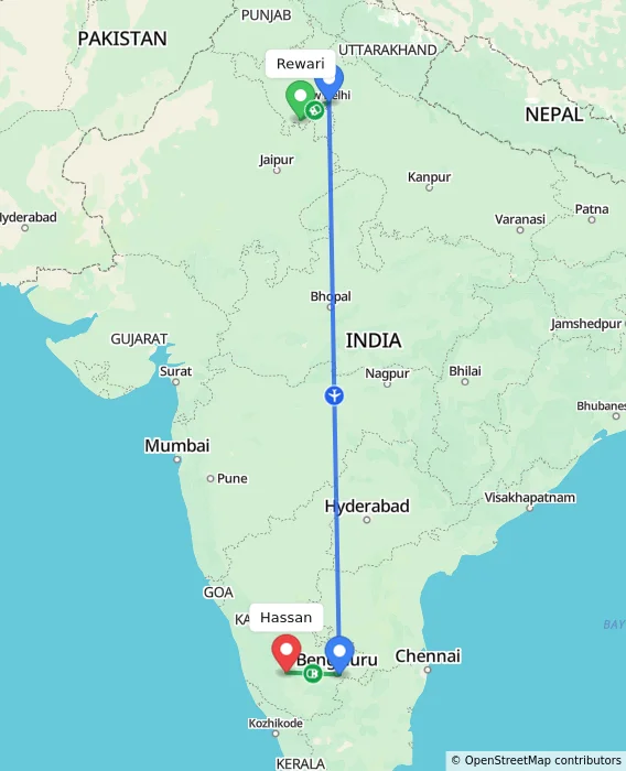 Route map showing distance and travel time from Rewari, India to Hassan, India