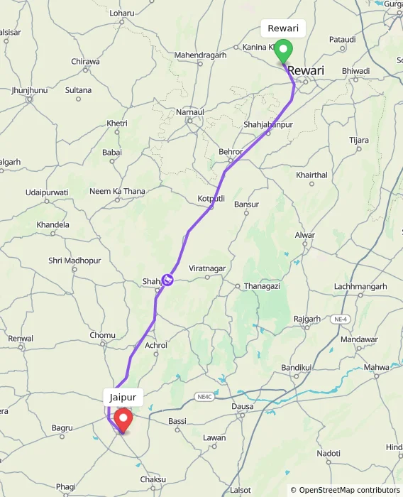 Route map showing distance and travel time from Rewari, India to Jaipur, India