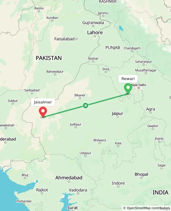 Route map showing distance and travel time from Rewari, India to Jaisalmer, India