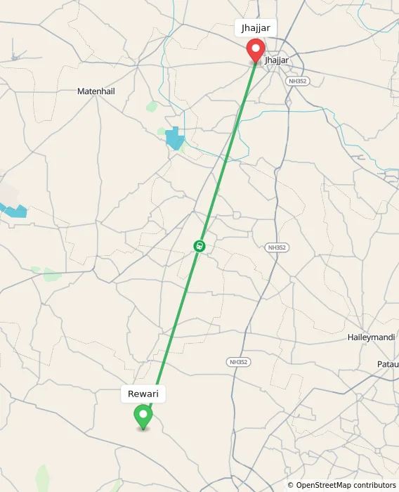 Route map showing distance and travel time from Rewari, India to Jhajjar, India