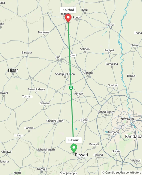 Route map showing distance and travel time from Rewari, India to Kaithal, India