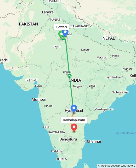 Route map showing distance and travel time from Rewari, India to Kamalapuram, India