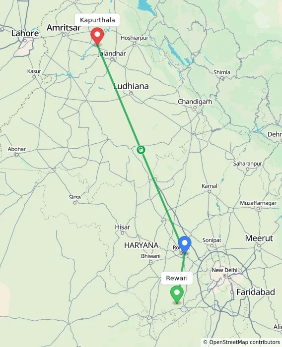 Route map showing distance and travel time from Rewari, India to Kapurthala, India