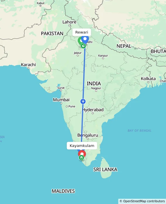 Route map showing distance and travel time from Rewari, India to Kayamkulam, India