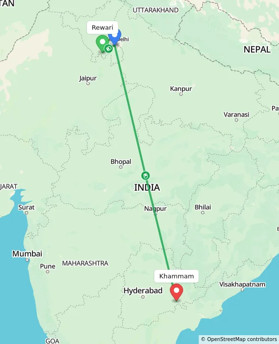 Route map showing distance and travel time from Rewari, India to Khammam, India