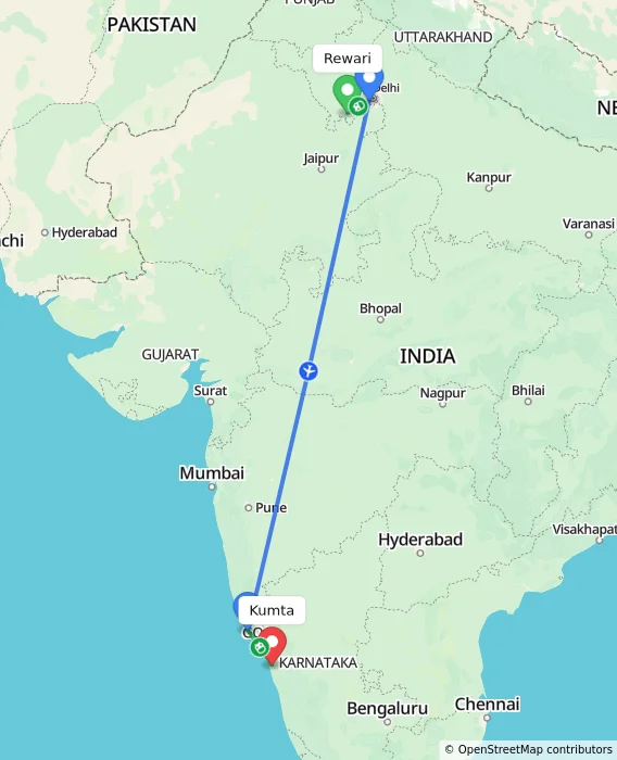 Route map showing distance and travel time from Rewari, India to Kumta, India