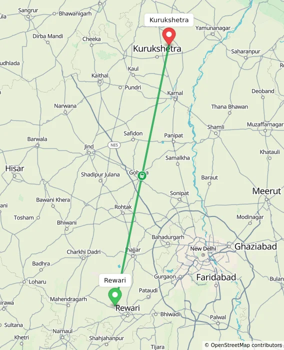 Route map showing distance and travel time from Rewari, India to Kurukshetra, India