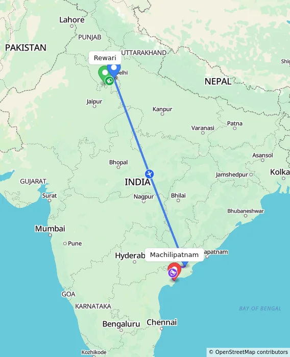Route map showing distance and travel time from Rewari, India to Machilipatnam, India