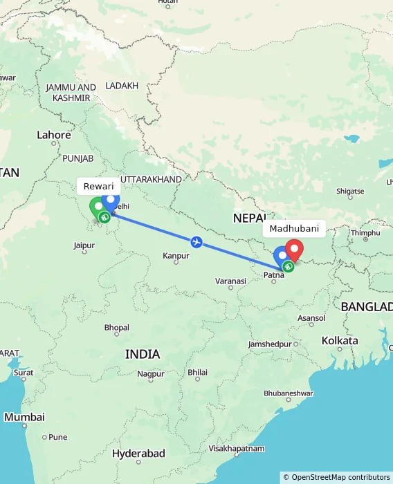 Route map showing distance and travel time from Rewari, India to Madhubani, India