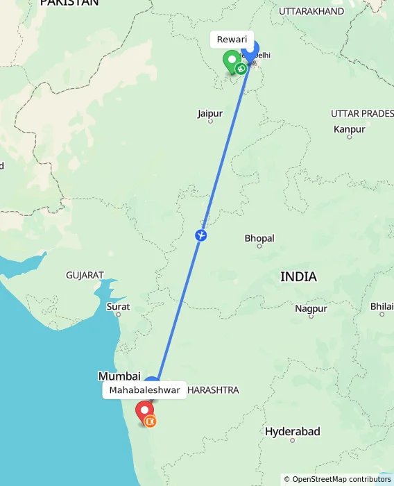 Route map showing distance and travel time from Rewari, India to Mahabaleshwar, India