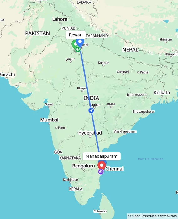Route map showing distance and travel time from Rewari, India to Mahabalipuram, India