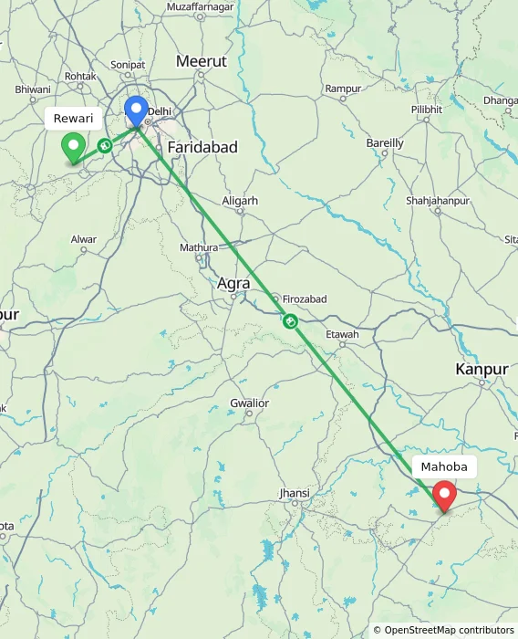 Route map showing distance and travel time from Rewari, India to Mahoba, India
