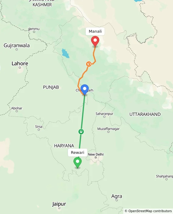 Route map showing distance and travel time from Rewari, India to Manali, India