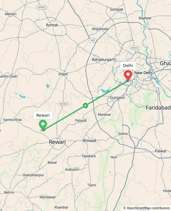 Route map showing distance and travel time from Rewari, India to Delhi, India