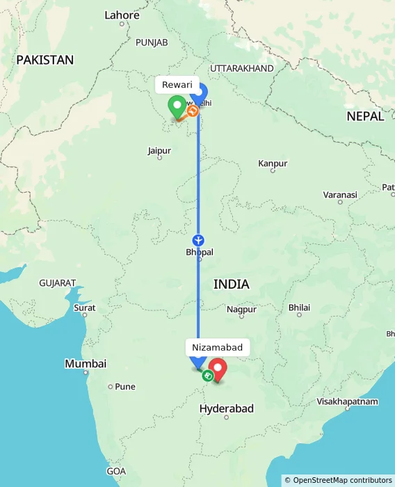 Route map showing distance and travel time from Rewari, India to Nizamabad, India