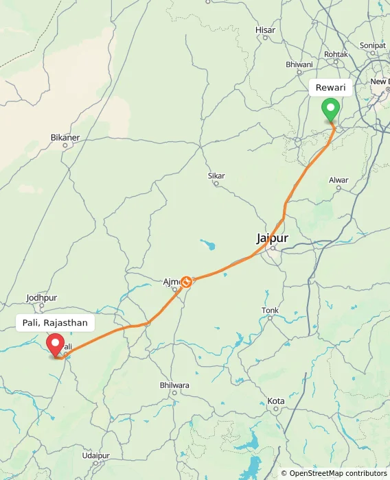 Route map showing distance and travel time from Rewari, India to Pali, Rajasthan, India