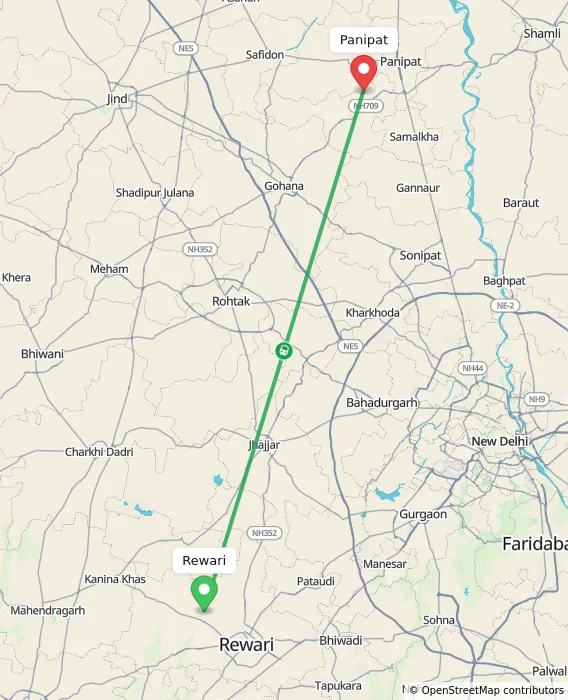 Route map showing distance and travel time from Rewari, India to Panipat, India