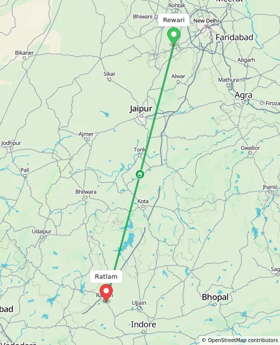 Route map showing distance and travel time from Rewari, India to Ratlam, India