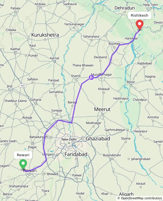 Route map showing distance and travel time from Rewari, India to Rishikesh, India