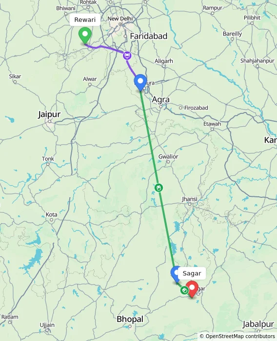 Route map showing distance and travel time from Rewari, India to Sagar, India