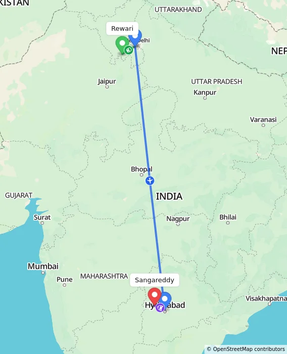 Route map showing distance and travel time from Rewari, India to Sangareddy, India