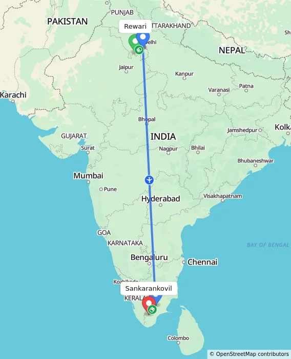 Route map showing distance and travel time from Rewari, India to Sankarankovil, India