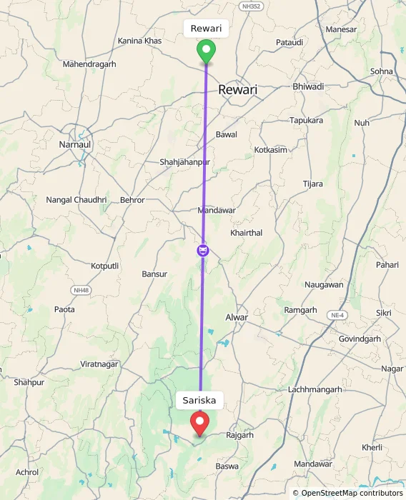 Route map showing distance and travel time from Rewari, India to Sariska, India