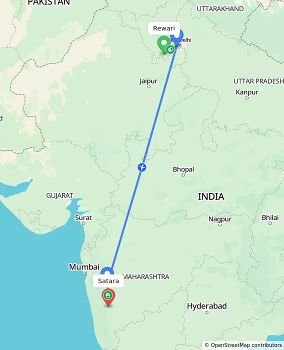 Route map showing distance and travel time from Rewari, India to Satara, India