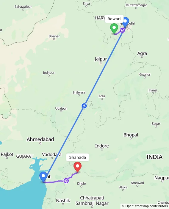 Route map showing distance and travel time from Rewari, India to Shahada, India