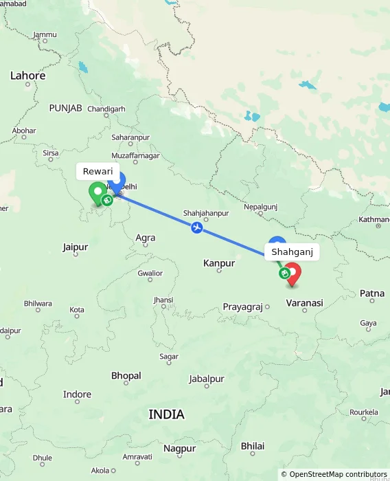 Route map showing distance and travel time from Rewari, India to Shahganj, India