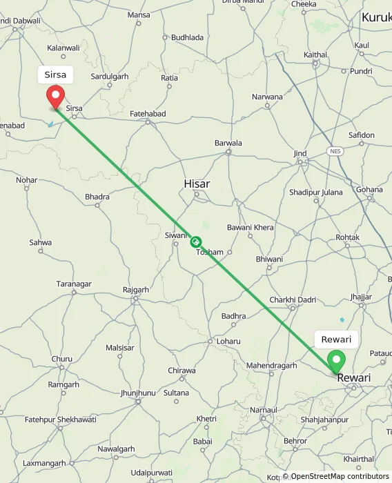 Route map showing distance and travel time from Rewari, India to Sirsa, India