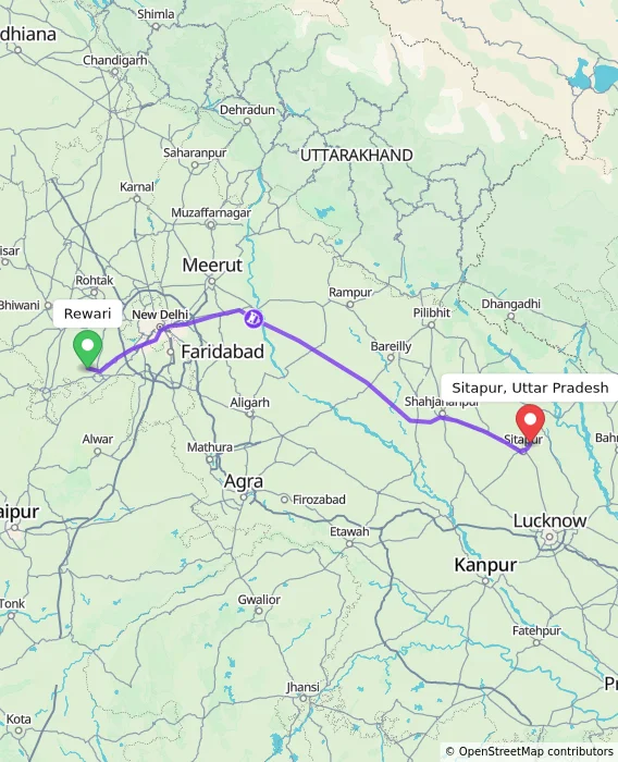Route map showing distance and travel time from Rewari, India to Sitapur, Uttar Pradesh, India