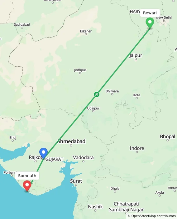 Route map showing distance and travel time from Rewari, India to Somnath, India