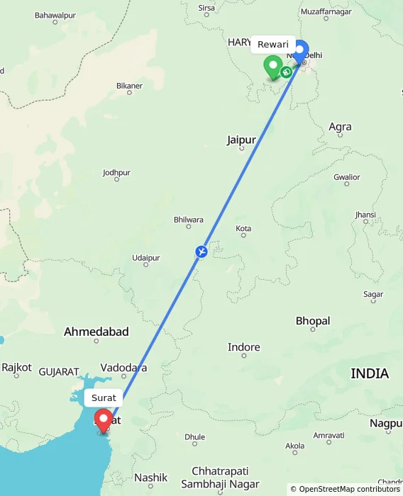 Route map showing distance and travel time from Rewari, India to Surat, India