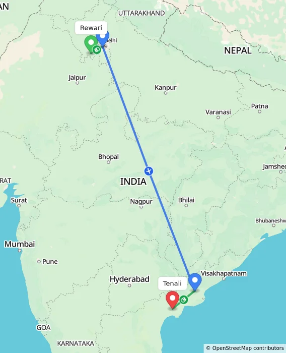 Route map showing distance and travel time from Rewari, India to Tenali, India