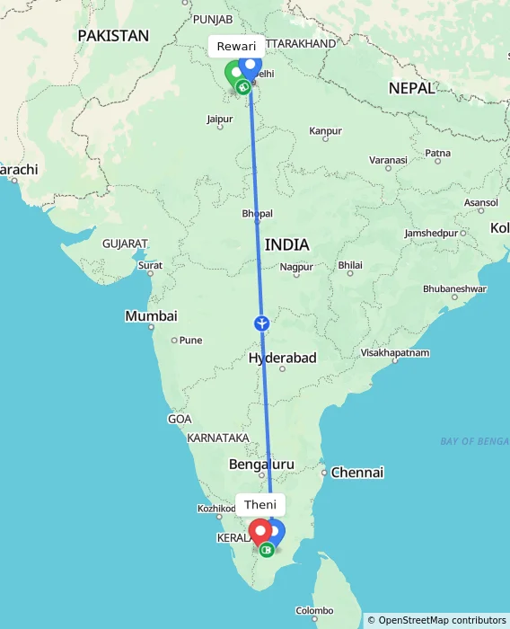 Route map showing distance and travel time from Rewari, India to Theni, India