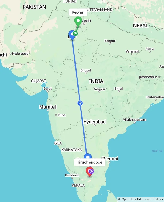 Route map showing distance and travel time from Rewari, India to Tiruchengode, India