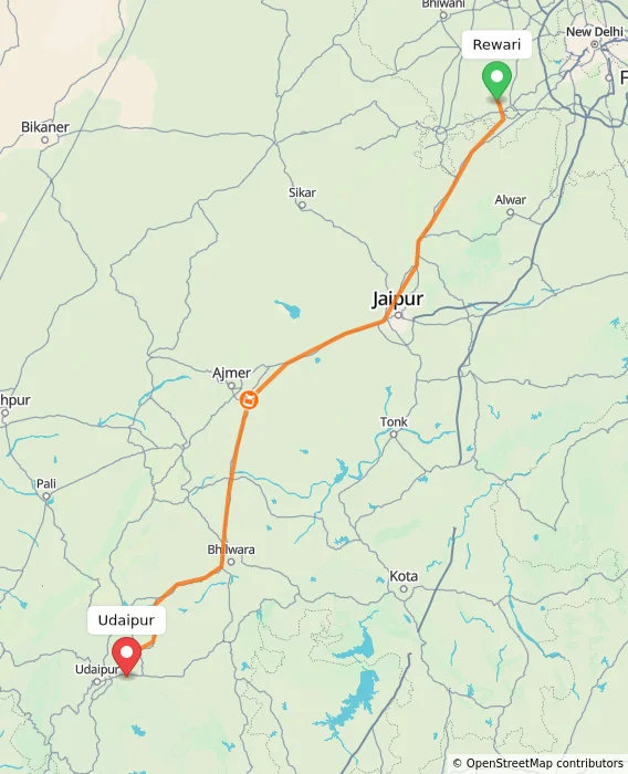 Route map showing distance and travel time from Rewari, India to Udaipur, India