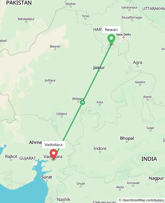 Route map showing distance and travel time from Rewari, India to Vadodara, India