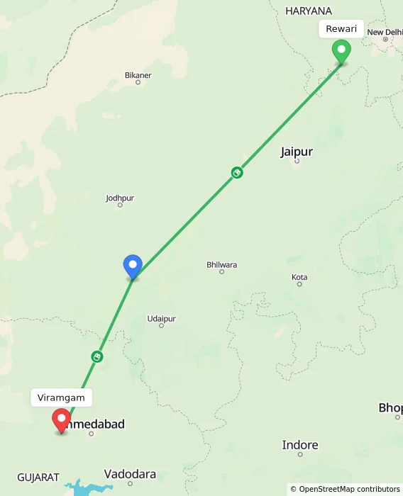 Route map showing distance and travel time from Rewari, India to Viramgam, India