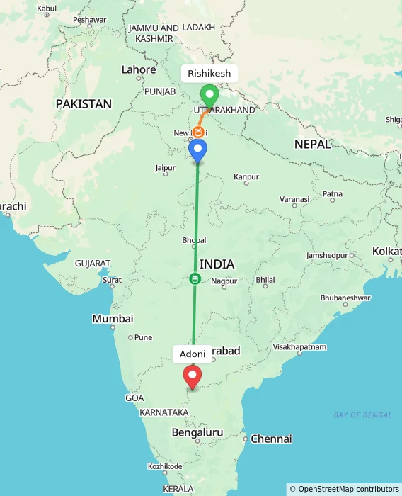 Route map showing distance and travel time from Rishikesh, India to Adoni, India