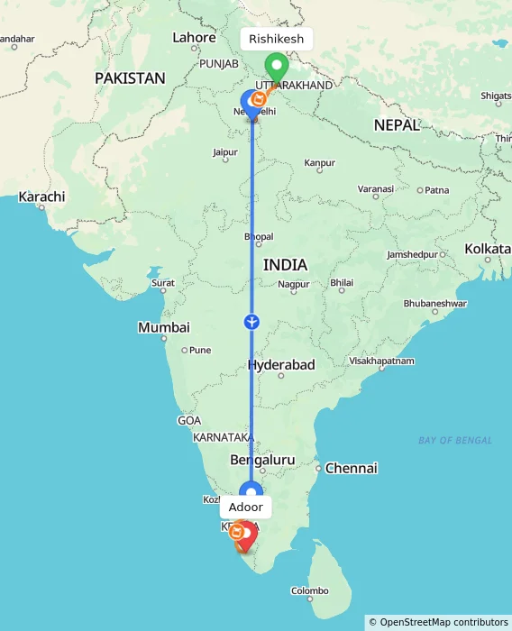 Route map showing distance and travel time from Rishikesh, India to Adoor, India