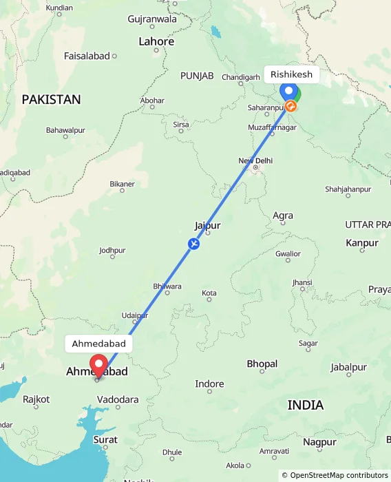 Route map showing distance and travel time from Rishikesh, India to Ahmedabad, India