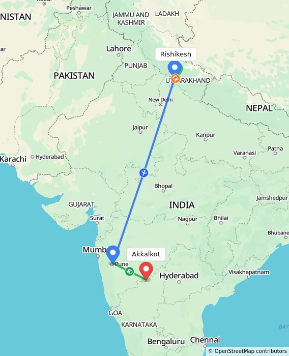 Route map showing distance and travel time from Rishikesh, India to Akkalkot, India